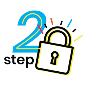 This official logo of UNC 2-step verification has the number 2 in Carolina Blue next to a black and gold padlock with the word step beneath it.