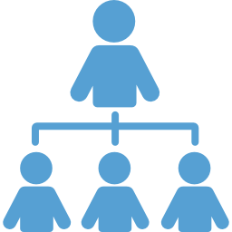 This is a Carolina Blue icon showing an organization hierarchy with lines drawn from one person to three other people.