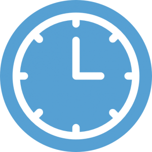 This is a Carolina Blue icon of a wall clock with the minute and hour hands indicating that it is 3 o'clock.