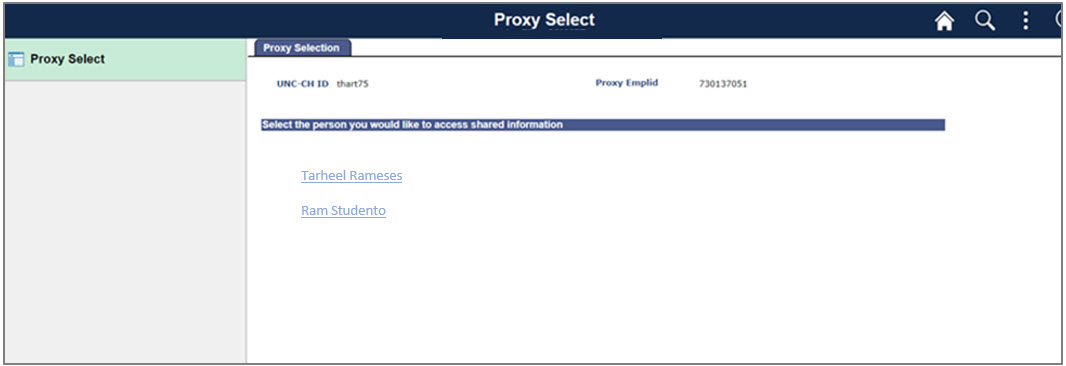 Proxy Center screen with multiple students to choose from