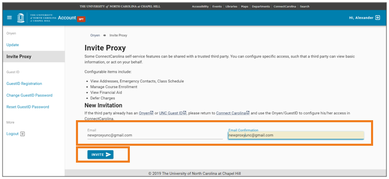 Screen to add Proxy's email address and Invite Proxy button
