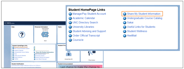 Student Homepage Links tile, Share My Student Information link