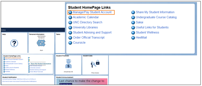 screenshot of Manage/Pay Student Account link in Student Homepage links