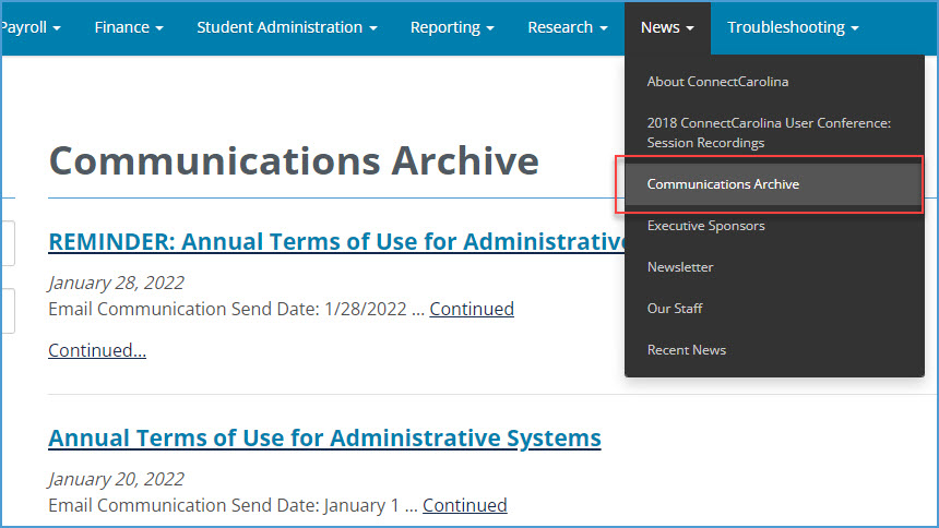 ccinfo.unc.edu "News" menu dropdown with red box around "Communications Archive"