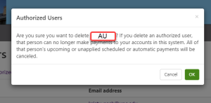 Confirmation message that you want to delete an authorized user.